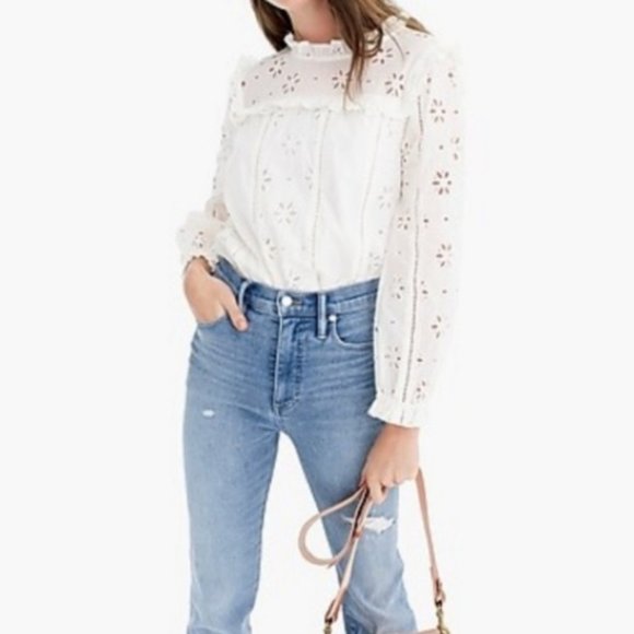 J.Crew Ruffle Neck Long Sleeve Eyelet Top Small - Picture 14 of 14
